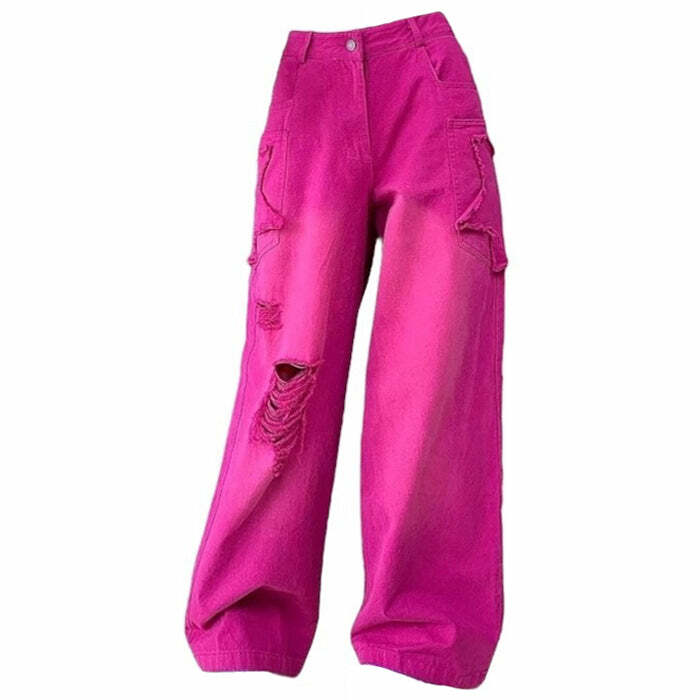 00s Kids Pink Star Ripped Baggy Jeans - Trendy Y2K Outfits for Women