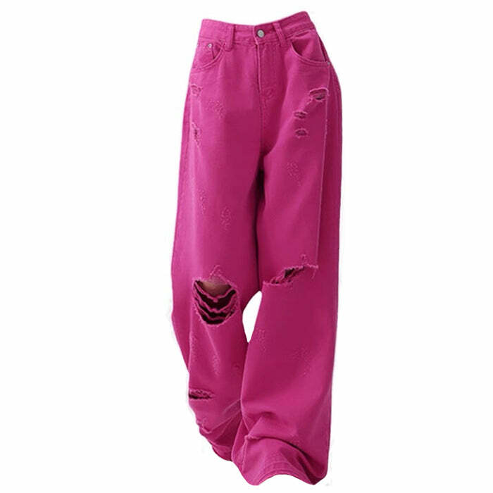 00s Kids Pink Star Ripped Baggy Jeans - Trendy Y2K Outfits for Women