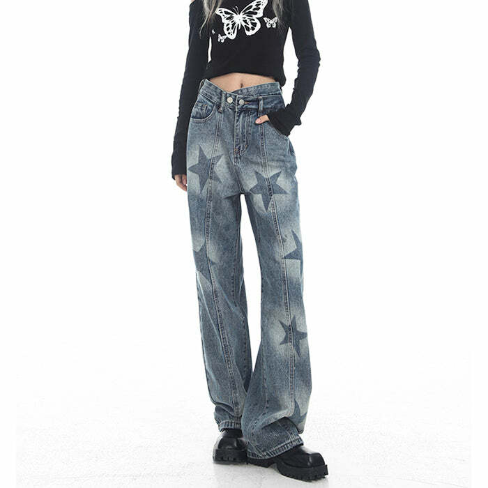 Aesthetic Star Washed Jeans for Y2K Outfits: Trendy Women's Fashion