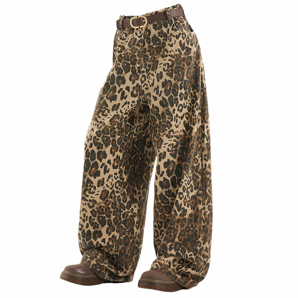 Animal Instincts Leopard Print Wide-Leg Pants for Y2K Outfits Women