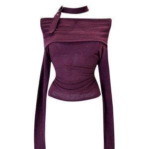 Asymmetric Choker Long Sleeve Top - Trendy Y2K Outfits for Women