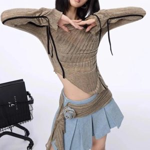 Asymmetrical Strap Detail Knit Top - Trendy Y2K Outfits for Women