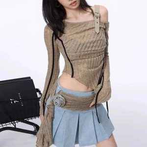 Asymmetrical Strap Detail Knit Top - Trendy Y2K Outfits for Women