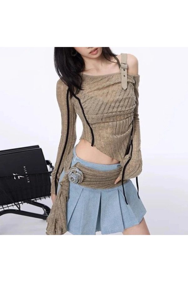 Asymmetrical Strap Detail Knit Top - Trendy Y2K Outfits for Women