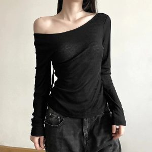 Black Off-Shoulder Ribbed Top - Trendy Y2K Outfits for Women