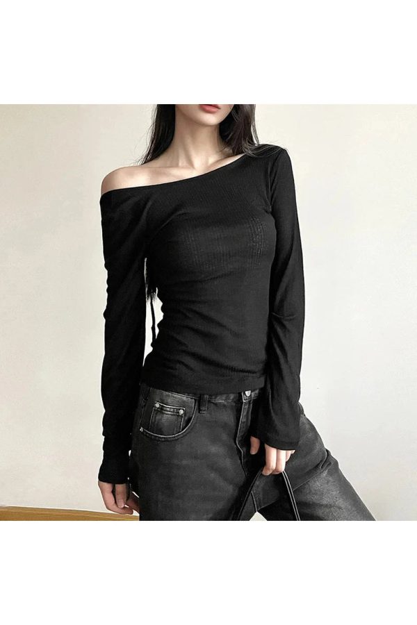 Black Off-Shoulder Ribbed Top - Trendy Y2K Outfits for Women