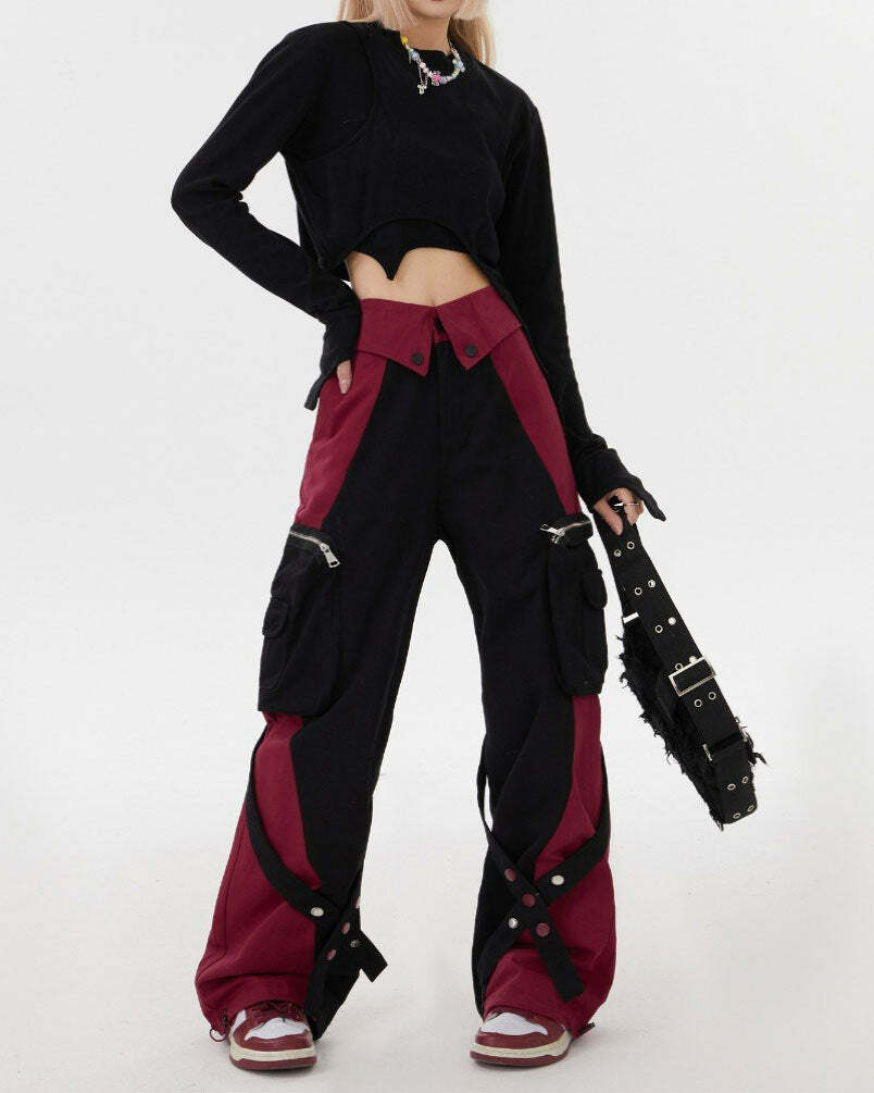 Black & Red Grunge Cargo Pants - Y2K Outfits for Women, Emo Style