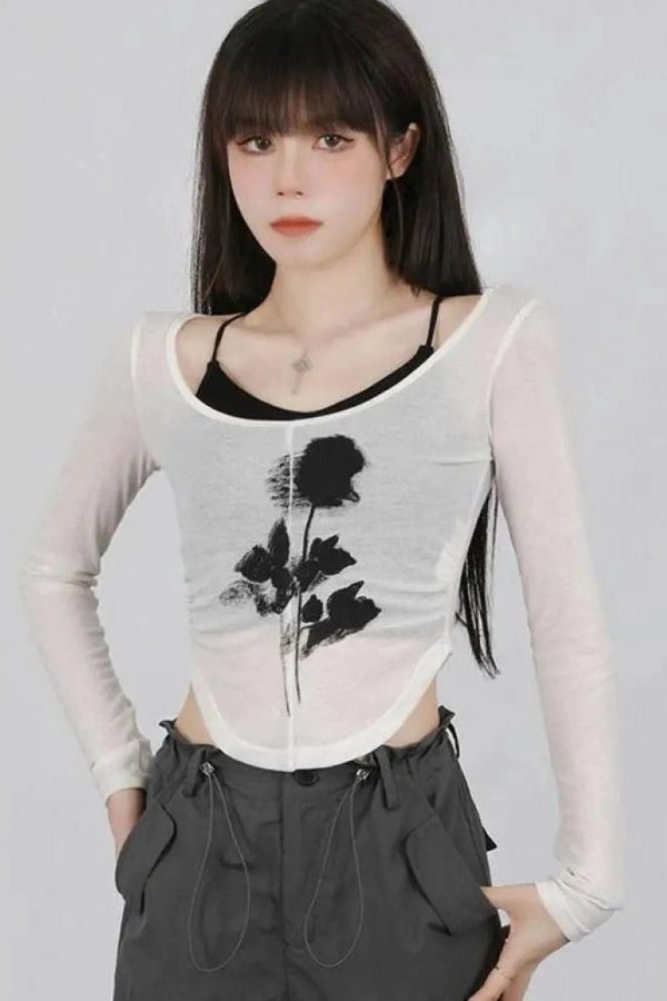 Black Rose Sheer Layered Top - Trendy Y2K Outfits for Women & Girls