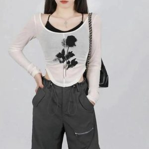 Black Rose Sheer Layered Top - Trendy Y2K Outfits for Women & Girls