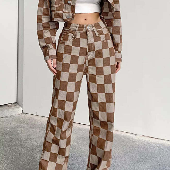 Brown Checkered Jeans - Trendy Y2K Outfits for Women, Cute & Aesthetic