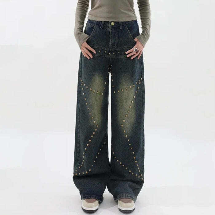 Brown Star Rivet Jeans - Trendy Y2K Outfits for Women & Girls