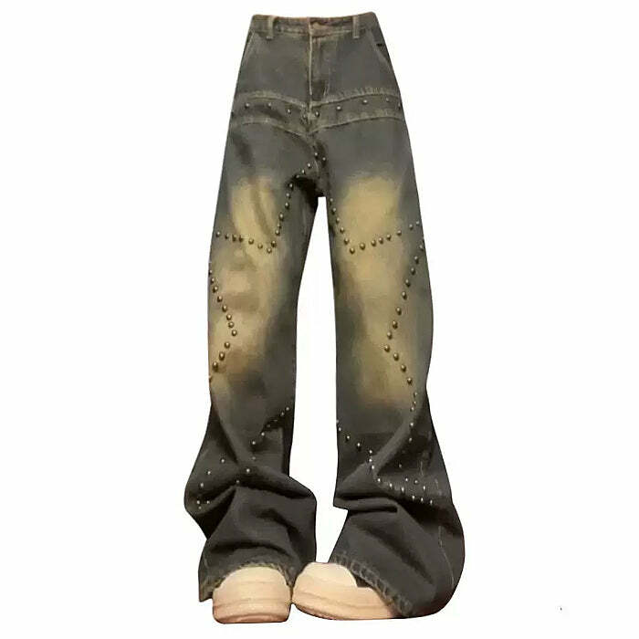 Brown Star Rivet Jeans - Trendy Y2K Outfits for Women & Girls