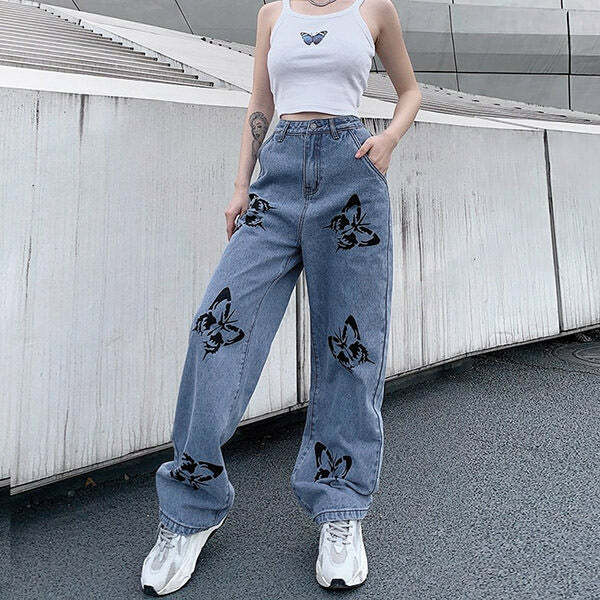 Butterfly Print Jeans - Trendy Y2K Outfits for Women, Cute & Aesthetic