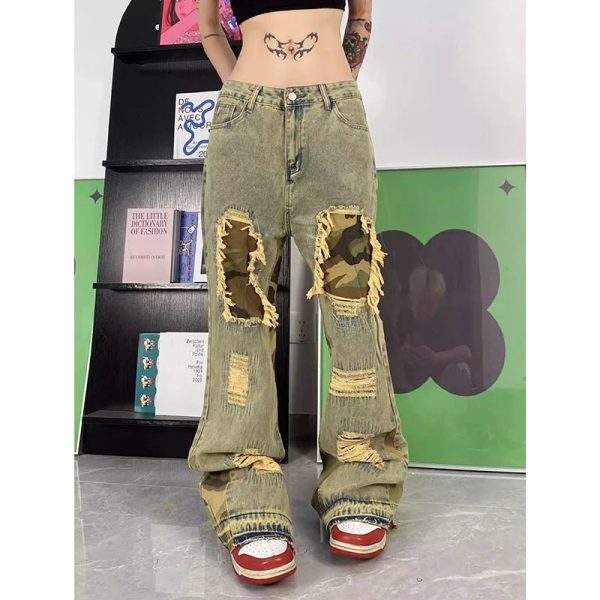 Camo Patchwork Distressed Jeans - Trendy Y2K Outfits for Women