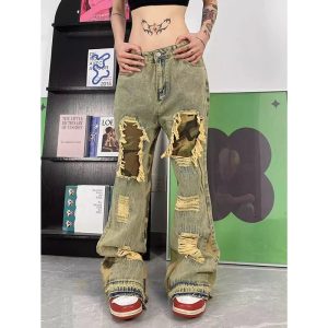 Camo Patchwork Distressed Jeans - Trendy Y2K Outfits for Women