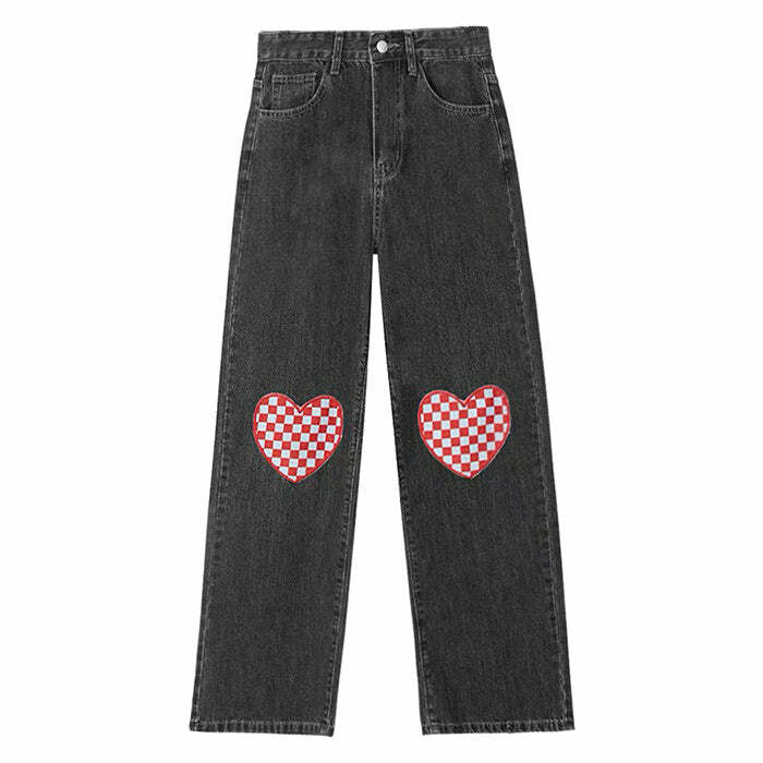 Checker Heart Wide Jeans - Trendy Y2K Outfits for Women & Girls