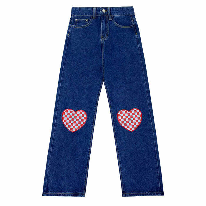 Checker Heart Wide Jeans - Trendy Y2K Outfits for Women & Girls