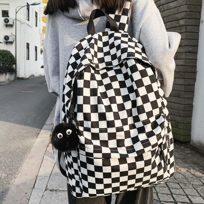 Checkered Canvas Backpack - Y2K Outfits for Women, Cute & Trendy Styles