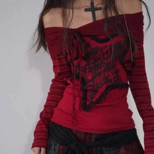 Crimson Chaos Off-Shoulder Top - Trendy Y2K Outfits for Women