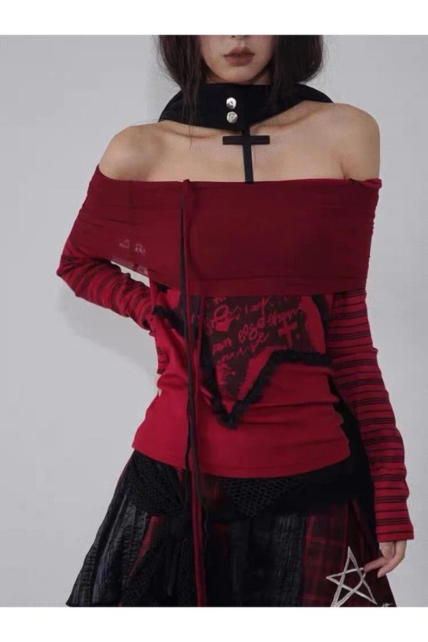 Crimson Chaos Off-Shoulder Top - Trendy Y2K Outfits for Women