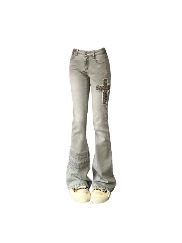 Cross Patch Flare Denim Jeans - Trendy Y2K Outfits for Women