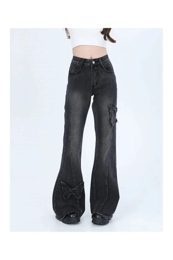 Dark Butterfly Flare Jeans - Trendy Y2K Outfits for Women & Girls