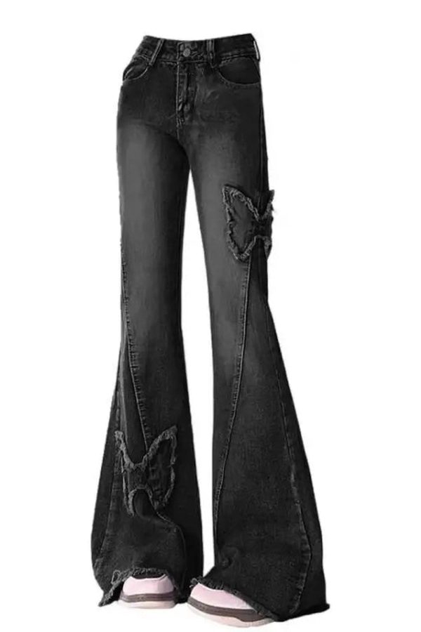 Dark Butterfly Flare Jeans - Trendy Y2K Outfits for Women & Girls