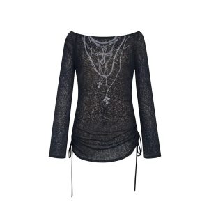 Dark Crucifix Long Sleeve Top - Y2K Outfits for Women, Emo & Grunge Style