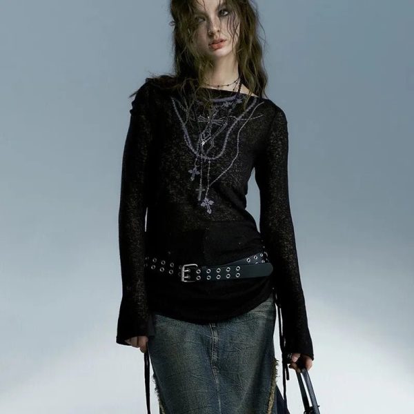 Dark Crucifix Long Sleeve Top - Y2K Outfits for Women, Emo & Grunge Style