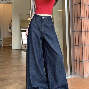 Dark Wash Wide-Leg Denim Jeans - Y2K Outfits for Women, Trendy Styles