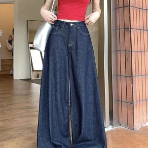 Dark Wash Wide-Leg Denim Jeans - Y2K Outfits for Women, Trendy Styles