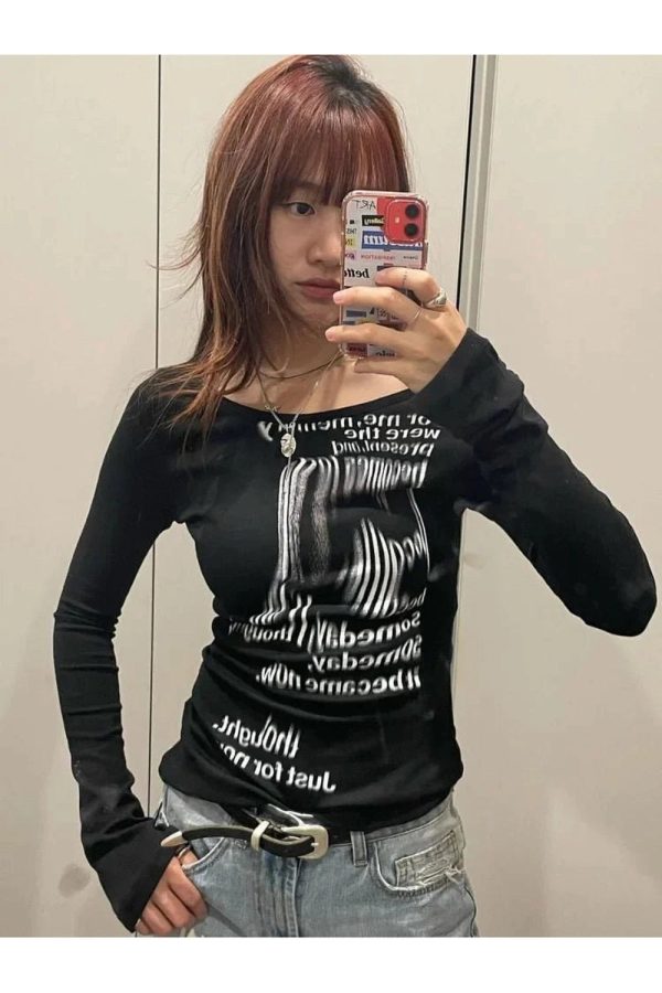 Distorted Text Print Long Sleeve Top - Trendy Y2K Outfits for Women