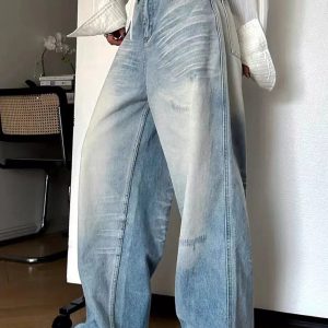 Distressed Light-Wash Wide-Leg Jeans for Y2K Outfits Women & Girls