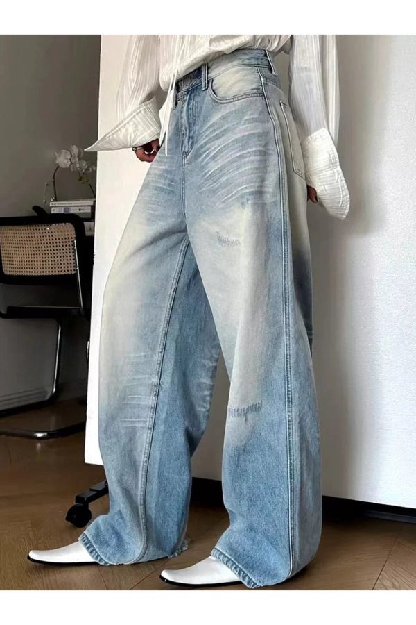 Distressed Light-Wash Wide-Leg Jeans for Y2K Outfits Women & Girls