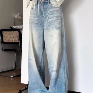 Distressed Light-Wash Wide-Leg Jeans for Y2K Outfits Women & Girls