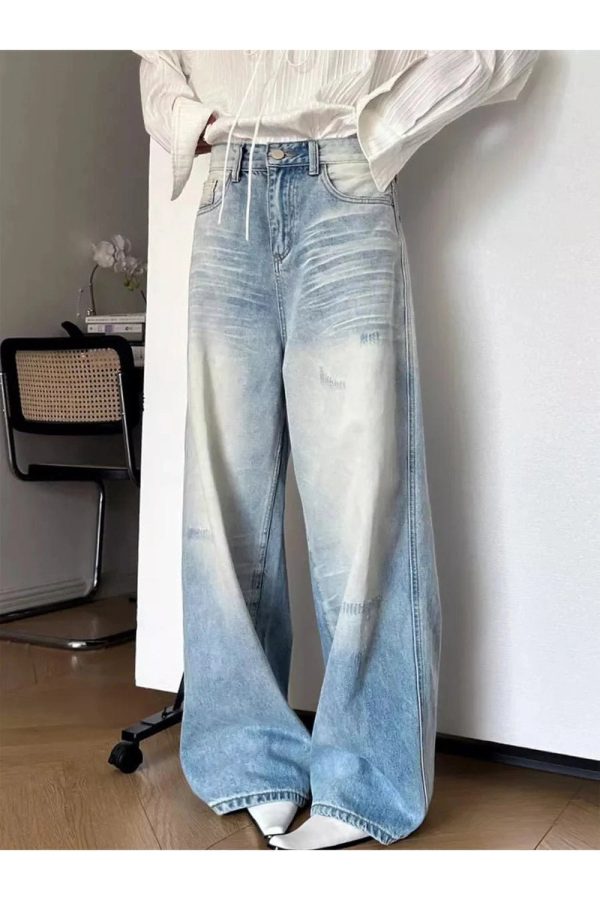 Distressed Light-Wash Wide-Leg Jeans for Y2K Outfits Women & Girls