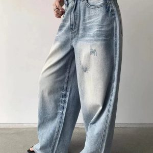 Distressed Light-Wash Wide-Leg Jeans for Y2K Outfits Women & Girls