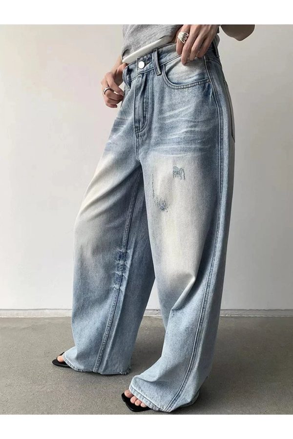 Distressed Light-Wash Wide-Leg Jeans for Y2K Outfits Women & Girls