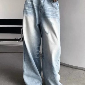 Distressed Light-Wash Wide-Leg Jeans for Y2K Outfits Women & Girls