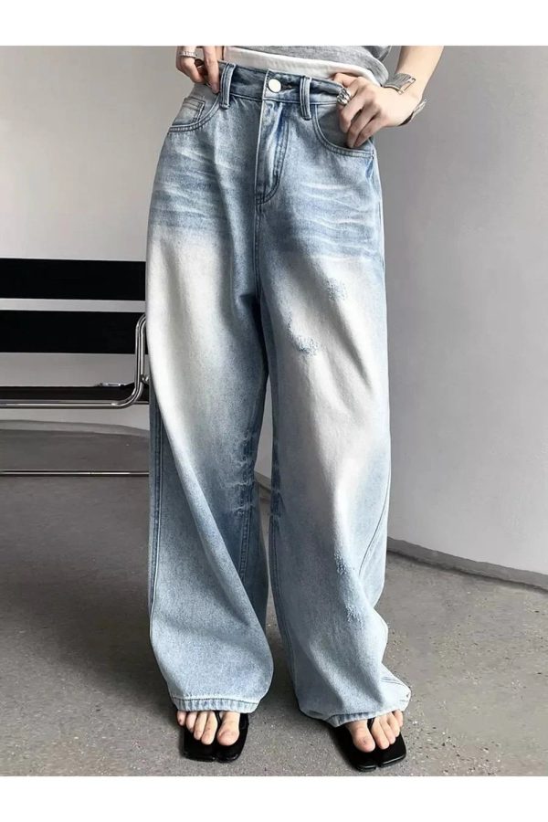 Distressed Light-Wash Wide-Leg Jeans for Y2K Outfits Women & Girls