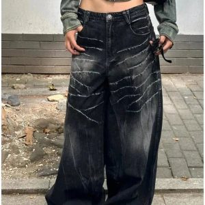 Distressed Marble Wash Wide-Leg Jeans for Y2K Outfits Women Fashion