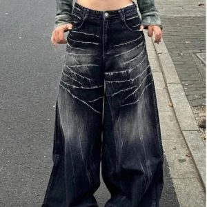 Distressed Marble Wash Wide-Leg Jeans for Y2K Outfits Women Fashion