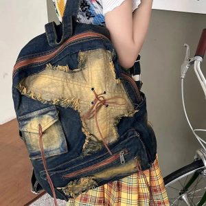 Distressed Vintage Denim Backpack - Y2K Outfits for Women & Girls