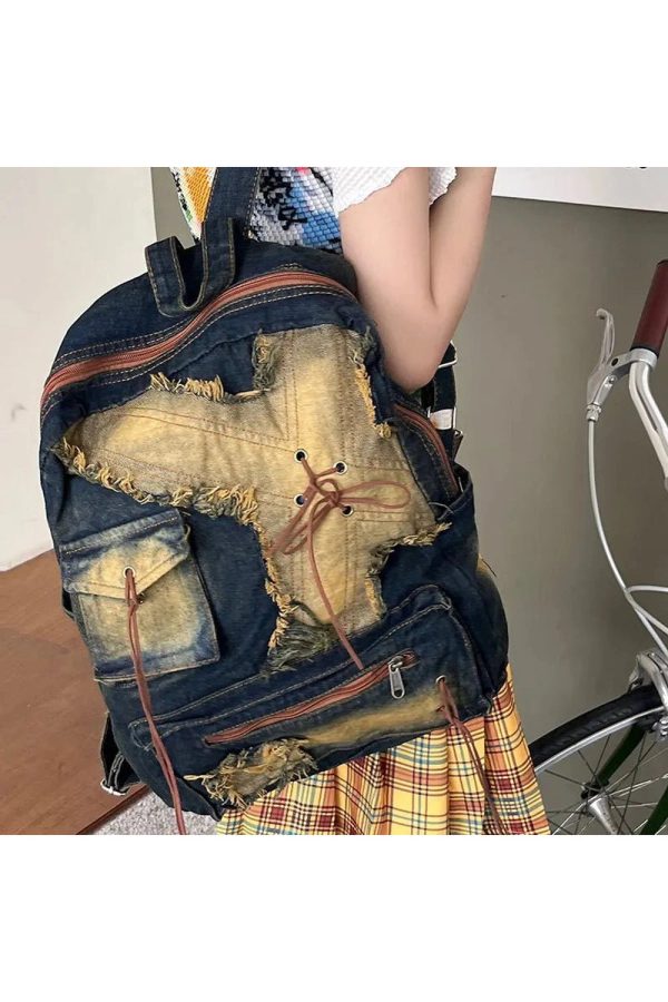 Distressed Vintage Denim Backpack - Y2K Outfits for Women & Girls