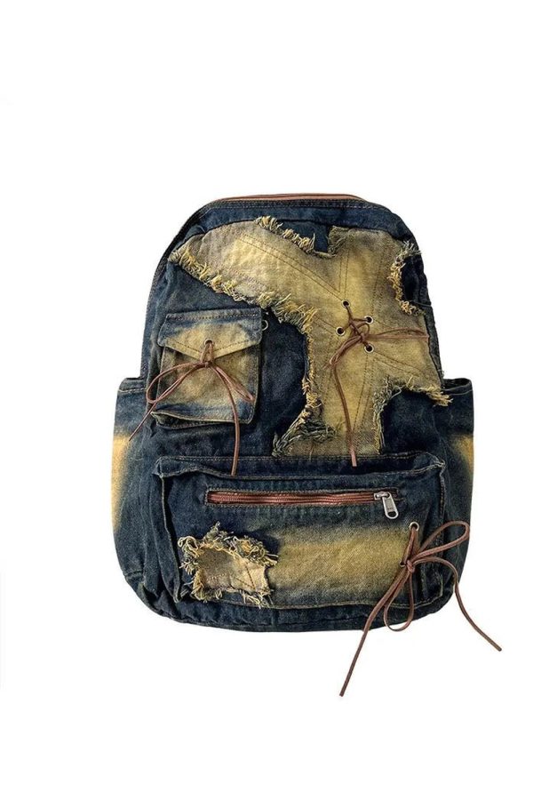 Distressed Vintage Denim Backpack - Y2K Outfits for Women & Girls