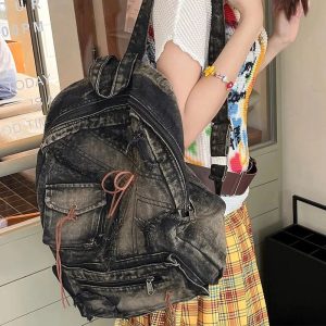 Distressed Vintage Denim Backpack - Y2K Outfits for Women & Girls