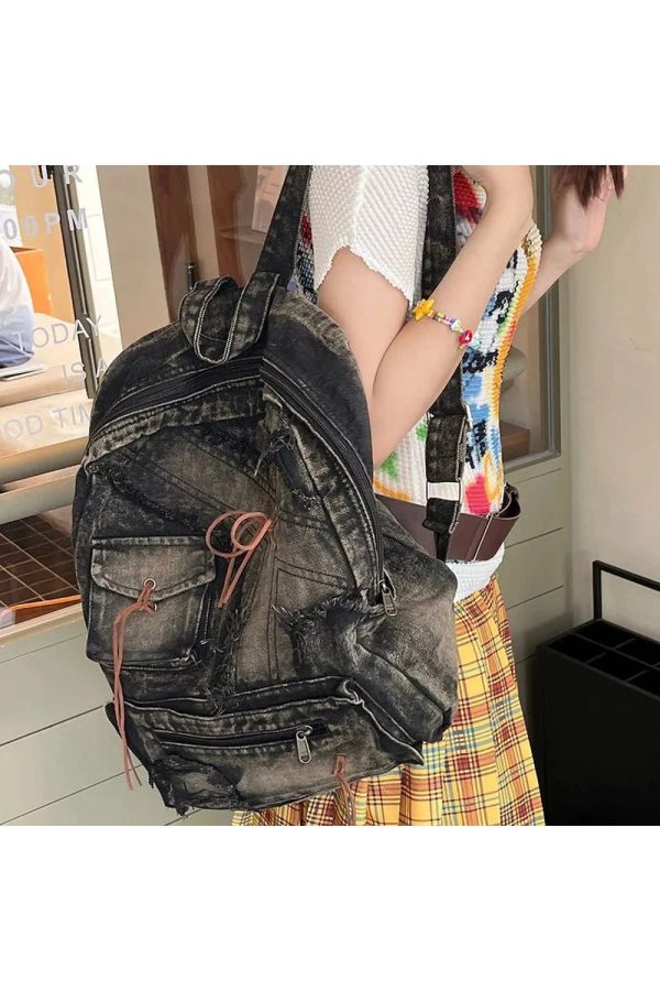 Distressed Vintage Denim Backpack - Y2K Outfits for Women & Girls