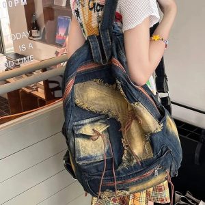 Distressed Vintage Denim Backpack - Y2K Outfits for Women & Girls