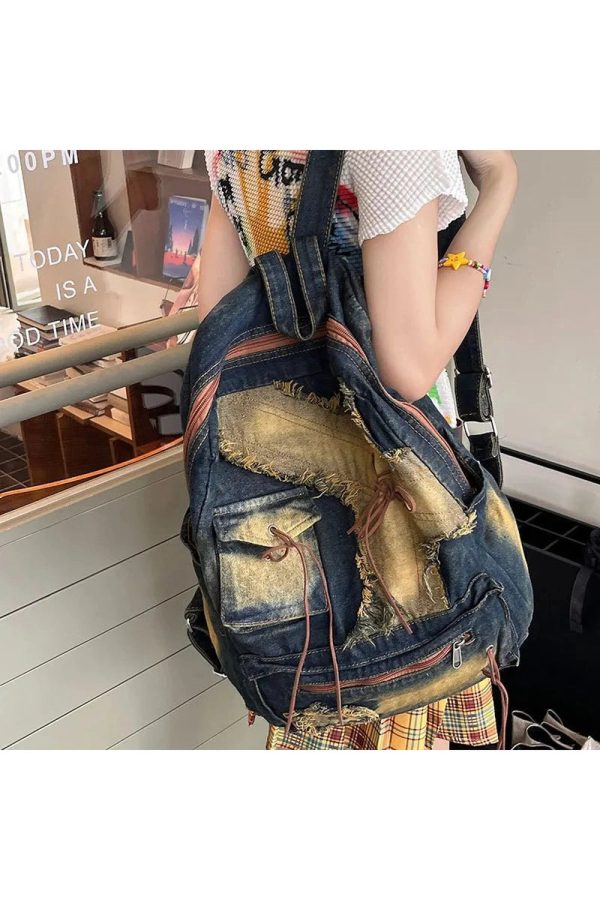 Distressed Vintage Denim Backpack - Y2K Outfits for Women & Girls