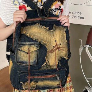 Distressed Vintage Denim Backpack - Y2K Outfits for Women & Girls